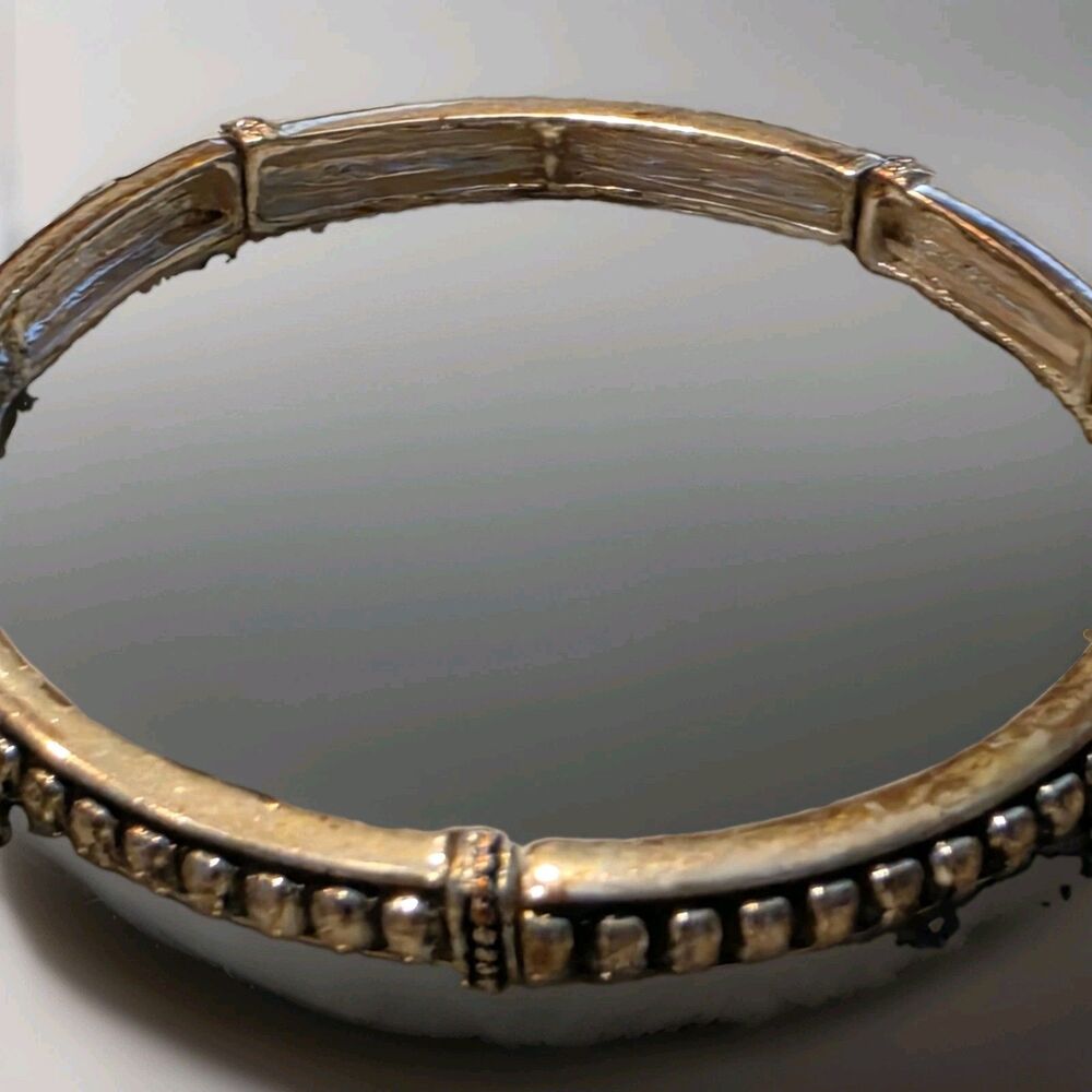 Vintage Silver Hinged Bangle Bracelet Beaded Oval Design Oxidized Stackable